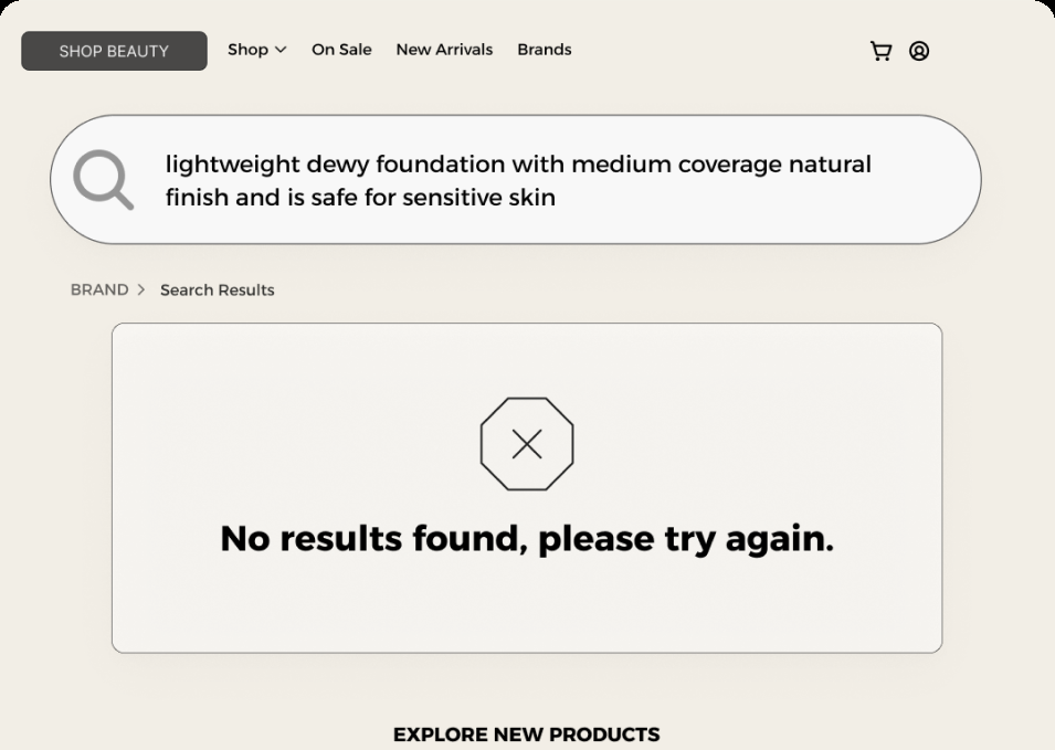 A natural-language beauty search returning no results